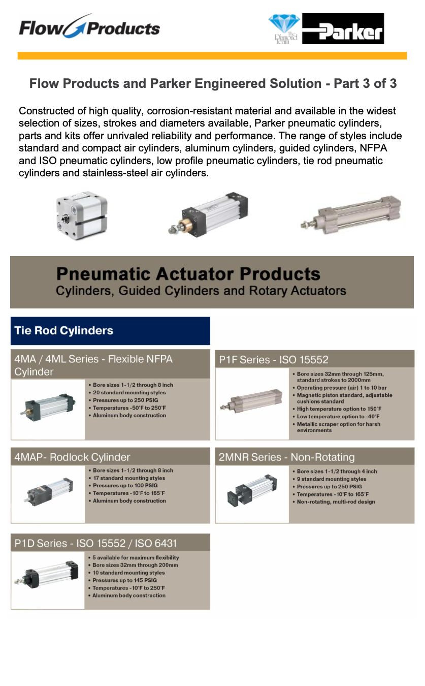 Constructed of high quality, corrosion-resistant material and available in the widest selection of sizes, strokes and diameters available, Parker pneumatic cylinders, parts and kits offer unrivaled reliability and performance. The range of styles include standard and compact air cylinders, aluminum cylinders, guided cylinders, NFPA and ISO pneumatic cylinders, low profile pneumatic cylinders, tie rod pneumatic cylinders and stainless-steel air cylinders.
