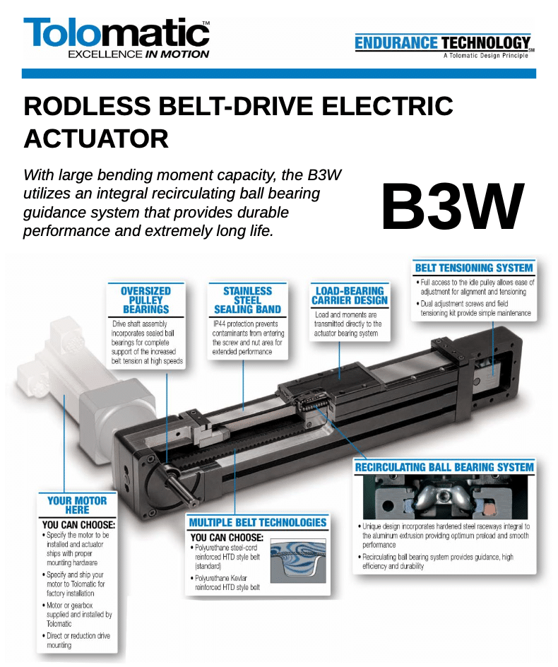 Tolomatic B3W Rodless Belt-Drive Electric Actuator for Long-Life Linear Motion