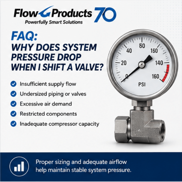 Why does system pressure drop when I shift a valve in a pneumatic system?